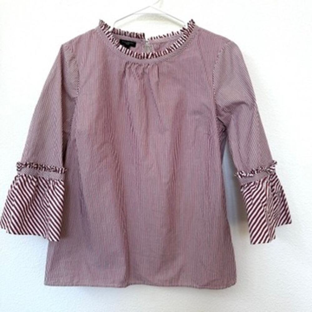 TALBOTS Striped Ruffle Top Burgundy White 3/4 Bell Sleeve MP Preppy Cottagecore